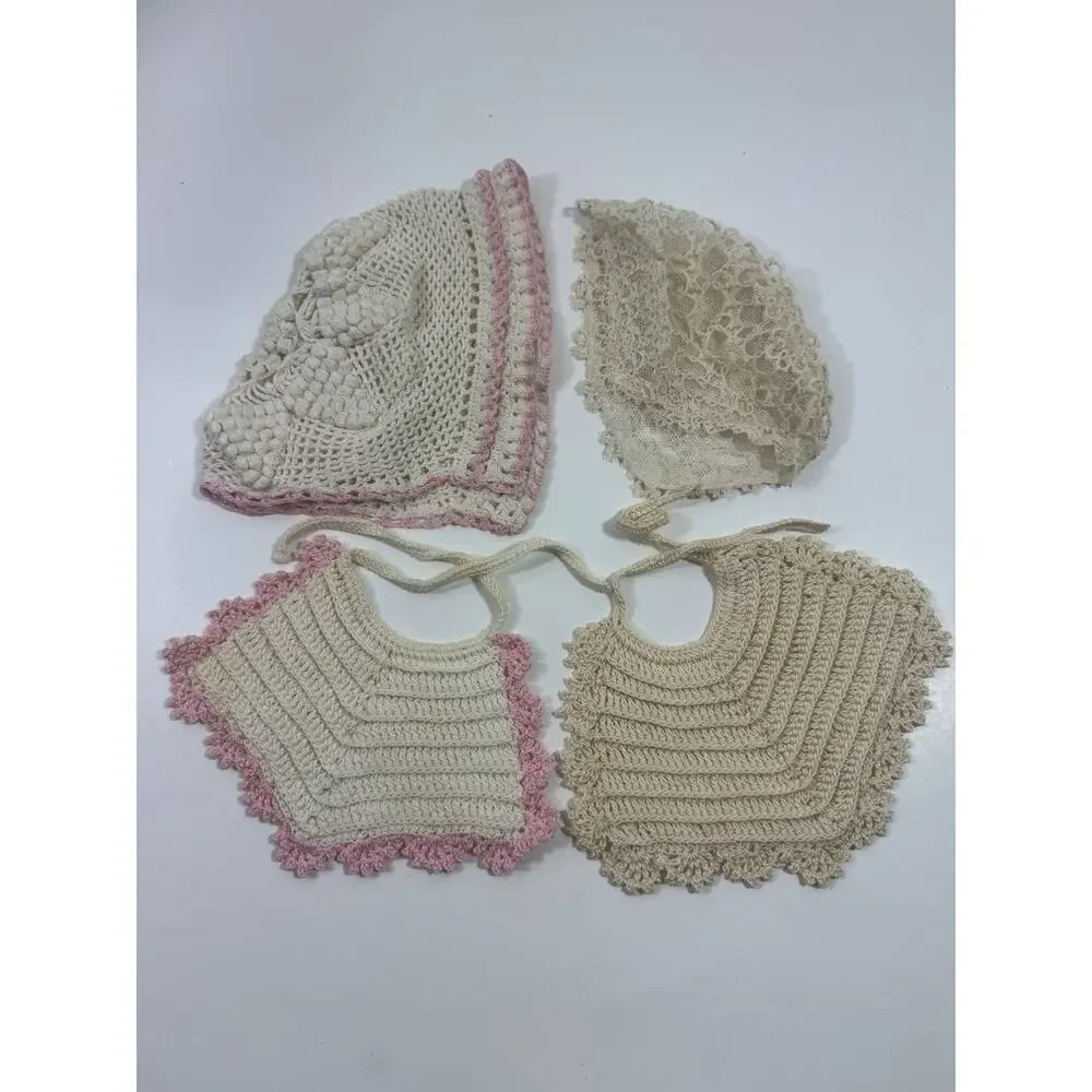 Handmade Crochet Baby Hats Bibs With Pink Trim And Lace